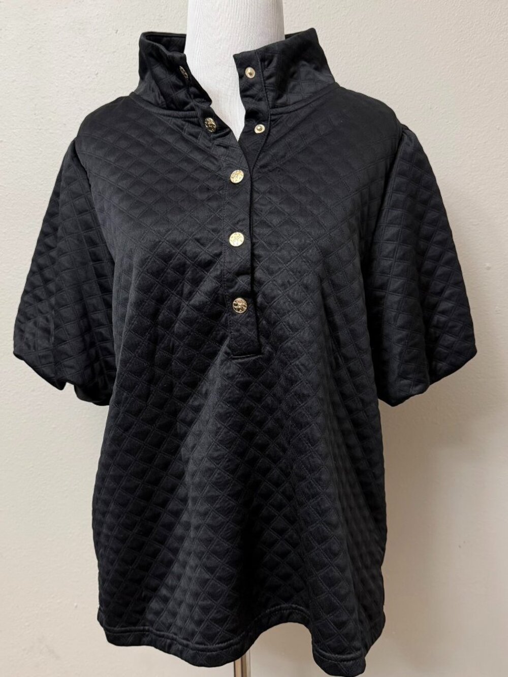 Mary Square Black Quilted Gold Snaps Puff Sleeve Blouse Large